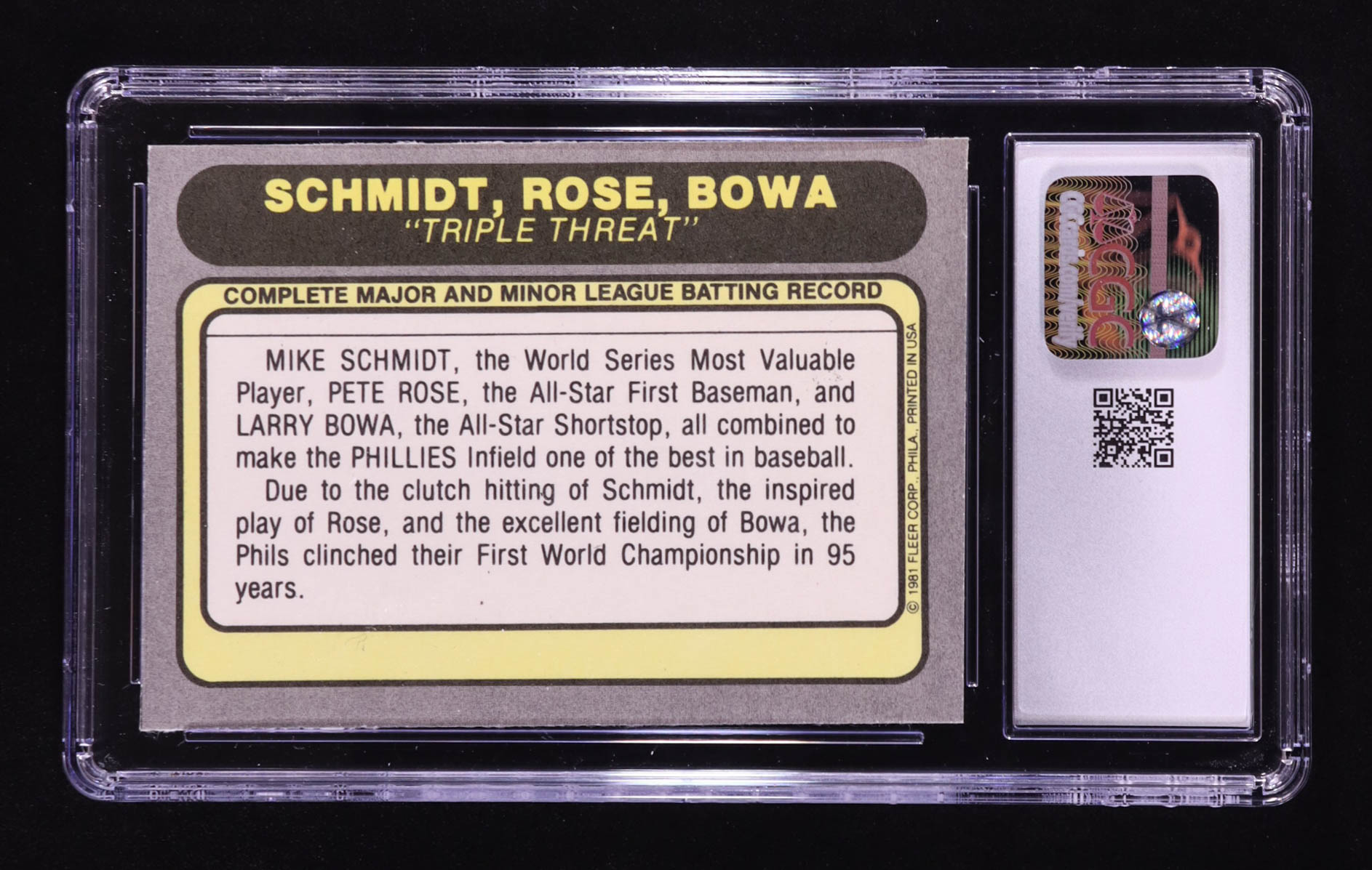 Pete Rose / Larry Bowa / Mike Schmidt 1981 Fleer Triple Threat P1 #645A (CGC 6) at PristineAuction.com Pete Rose / Larry Bowa / Mike Schmidt 1981 Fleer Triple Threat P1 #645A (CGC 6) at PristineAuction.com