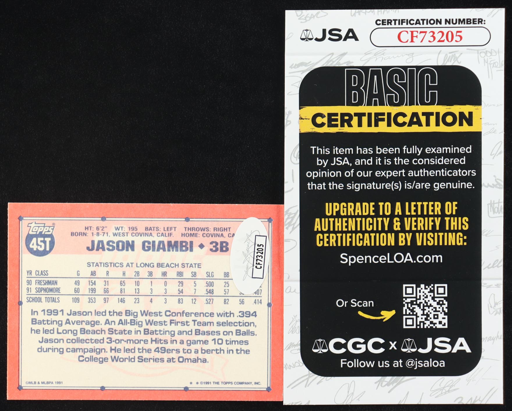 Jason Giambi Signed 1991 Topps Traded #45T RC (JSA) at PristineAuction.com Jason Giambi Signed 1991 Topps Traded #45T RC (JSA) at PristineAuction.com