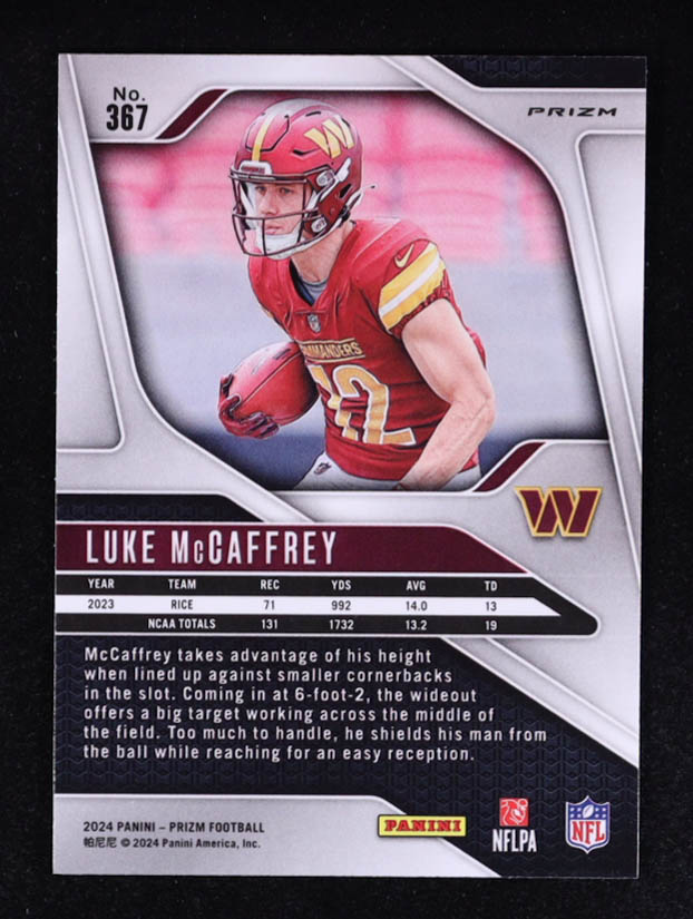 Luke McCaffrey 2024 Panini Prizm Prizms Lazer #367 RC at PristineAuction.com Luke McCaffrey 2024 Panini Prizm Prizms Lazer #367 RC at PristineAuction.com