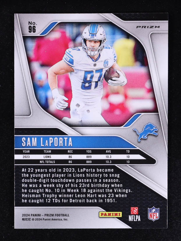 Sam LaPorta 2024 Panini Prizm Prizms Lazer #96 at PristineAuction.com Sam LaPorta 2024 Panini Prizm Prizms Lazer #96 at PristineAuction.com