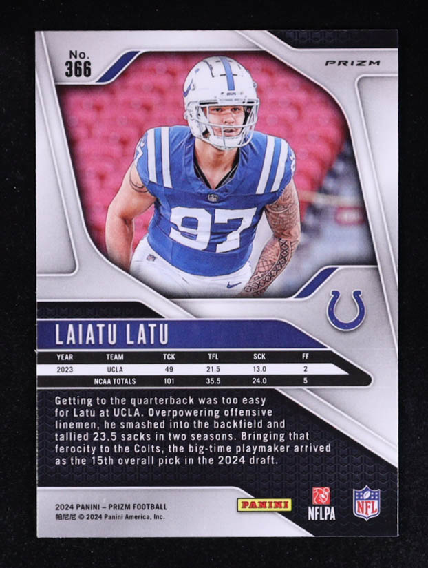 Laiatu Latu 2024 Panini Prizm Prizms Lazer #366 RC at PristineAuction.com Laiatu Latu 2024 Panini Prizm Prizms Lazer #366 RC at PristineAuction.com