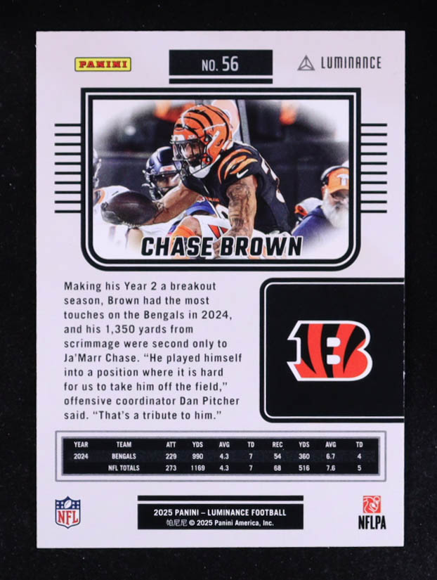 Chase Brown 2025 Panini Luminance #56 #295/299 at PristineAuction.com Chase Brown 2025 Panini Luminance #56 #295/299 at PristineAuction.com