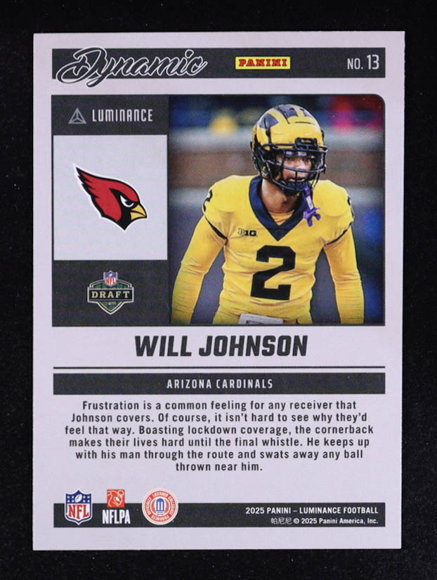 Will Johnson 2025 Panini Luminance Dynamic Rookies #13 RC at PristineAuction.com Will Johnson 2025 Panini Luminance Dynamic Rookies #13 RC at PristineAuction.com
