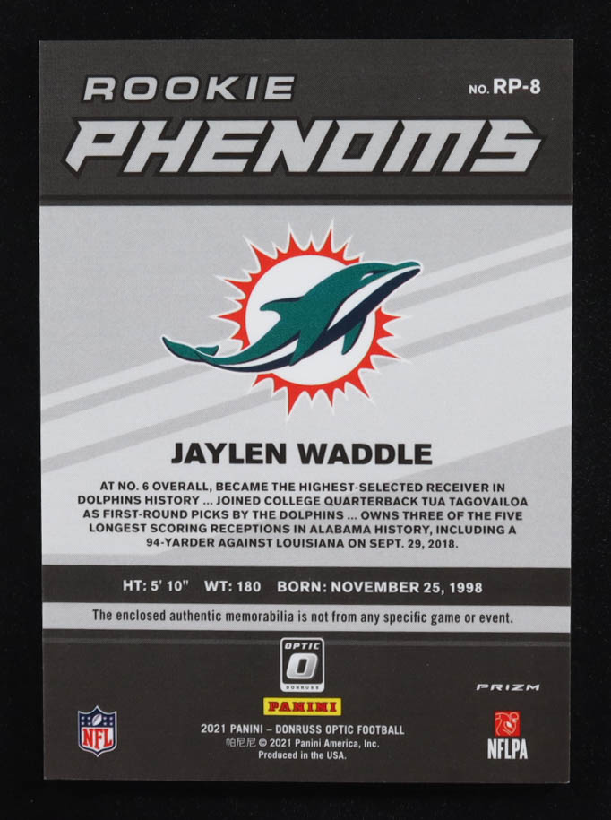 Jaylen Waddle 2021 Donruss Optic Rookie Phenoms Jerseys #8 RC at PristineAuction.com Jaylen Waddle 2021 Donruss Optic Rookie Phenoms Jerseys #8 RC at PristineAuction.com