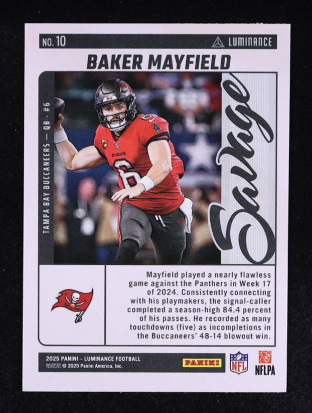 Baker Mayfield 2025 Panini Luminance Savage #10 at PristineAuction.com Baker Mayfield 2025 Panini Luminance Savage #10 at PristineAuction.com