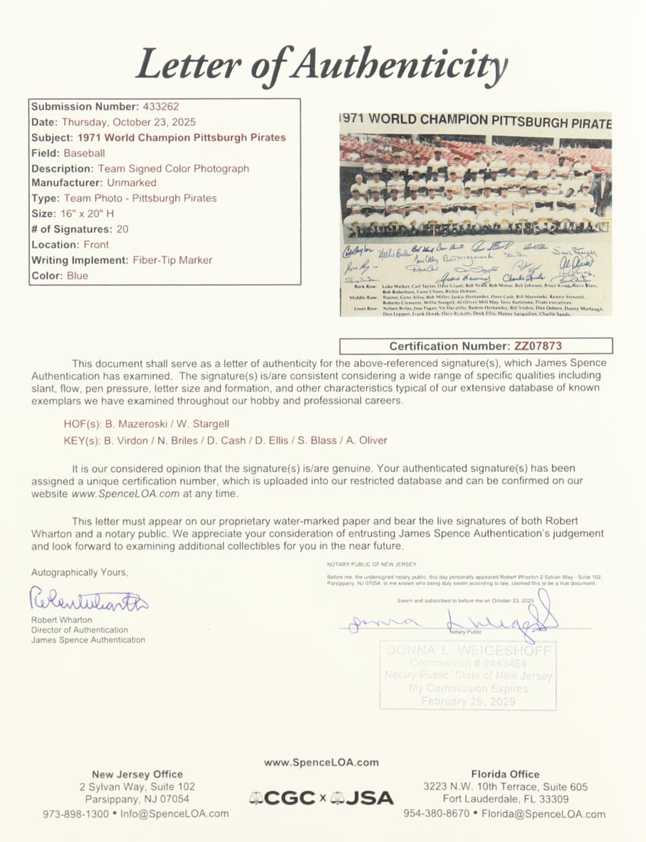 1971 Pirates World Series Champions Custom Framed Photo Display Team-Signed by (20) with Willie Stargell, Bill Mazeroski, Bill Virdon, Nelson Briles (JSA) at PristineAuction.com 1971 Pirates World Series Champions Custom Framed Photo Display Team-Signed by (20) with Willie Stargell, Bill Mazeroski, Bill Virdon, Nelson Briles (JSA) at PristineAuction.com