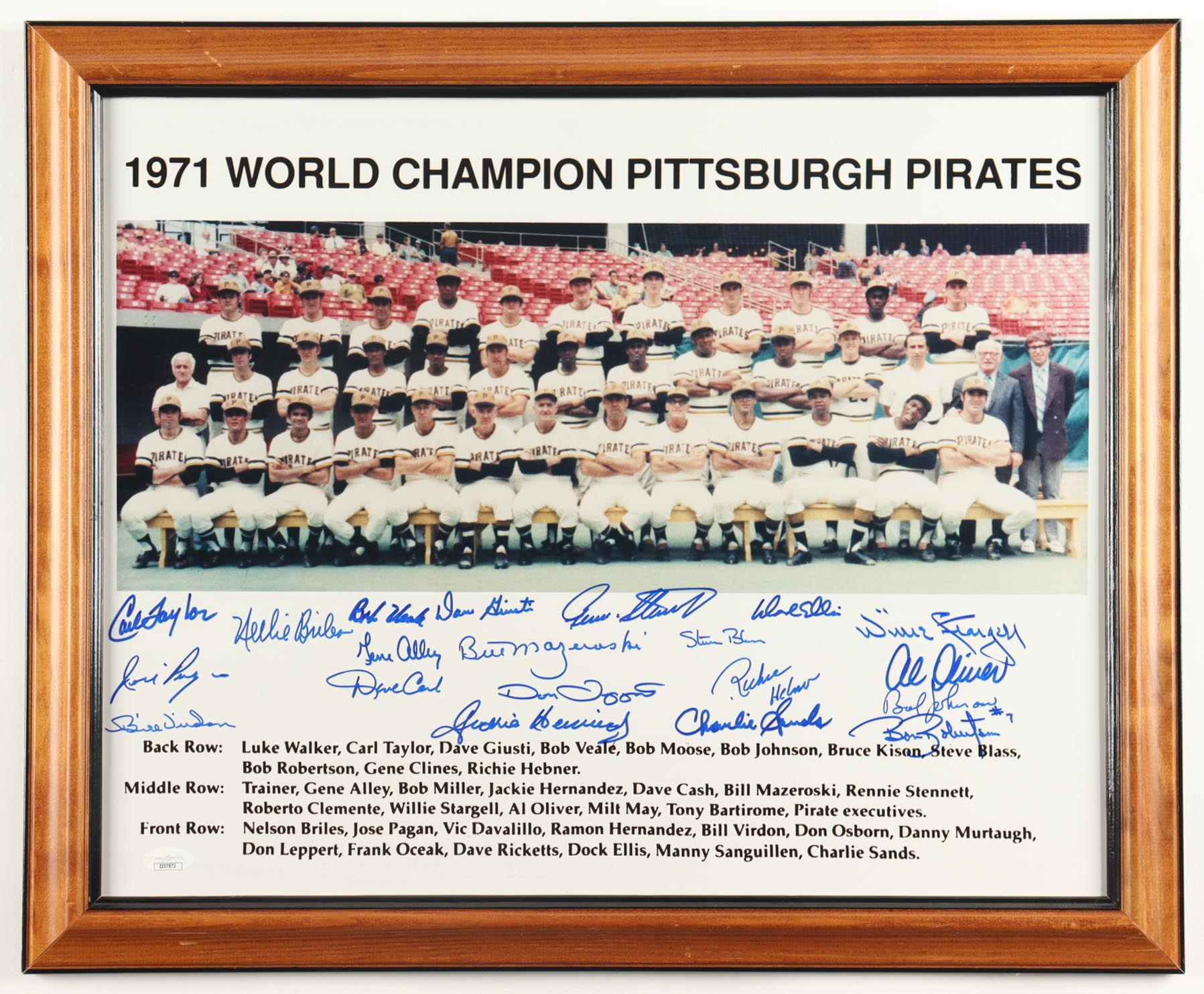 1971 Pirates World Series Champions Custom Framed Photo Display Team-Signed by (20) with Willie Stargell, Bill Mazeroski, Bill Virdon, Nelson Briles (JSA) at PristineAuction.com 1971 Pirates World Series Champions Custom Framed Photo Display Team-Signed by (20) with Willie Stargell, Bill Mazeroski, Bill Virdon, Nelson Briles (JSA) at PristineAuction.com