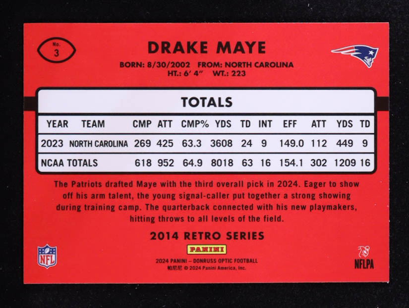 Drake Maye 2024 Donruss Optic '14 Retro Series #3 RR RC at PristineAuction.com Drake Maye 2024 Donruss Optic '14 Retro Series #3 RR RC at PristineAuction.com