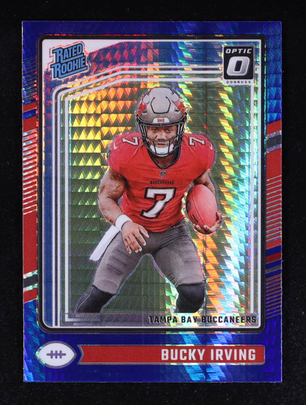 Bucky Irving 2024 Donruss Optic Rated Rookie Blue Hyper #216 RC at PristineAuction.com Bucky Irving 2024 Donruss Optic Rated Rookie Blue Hyper #216 RC at PristineAuction.com