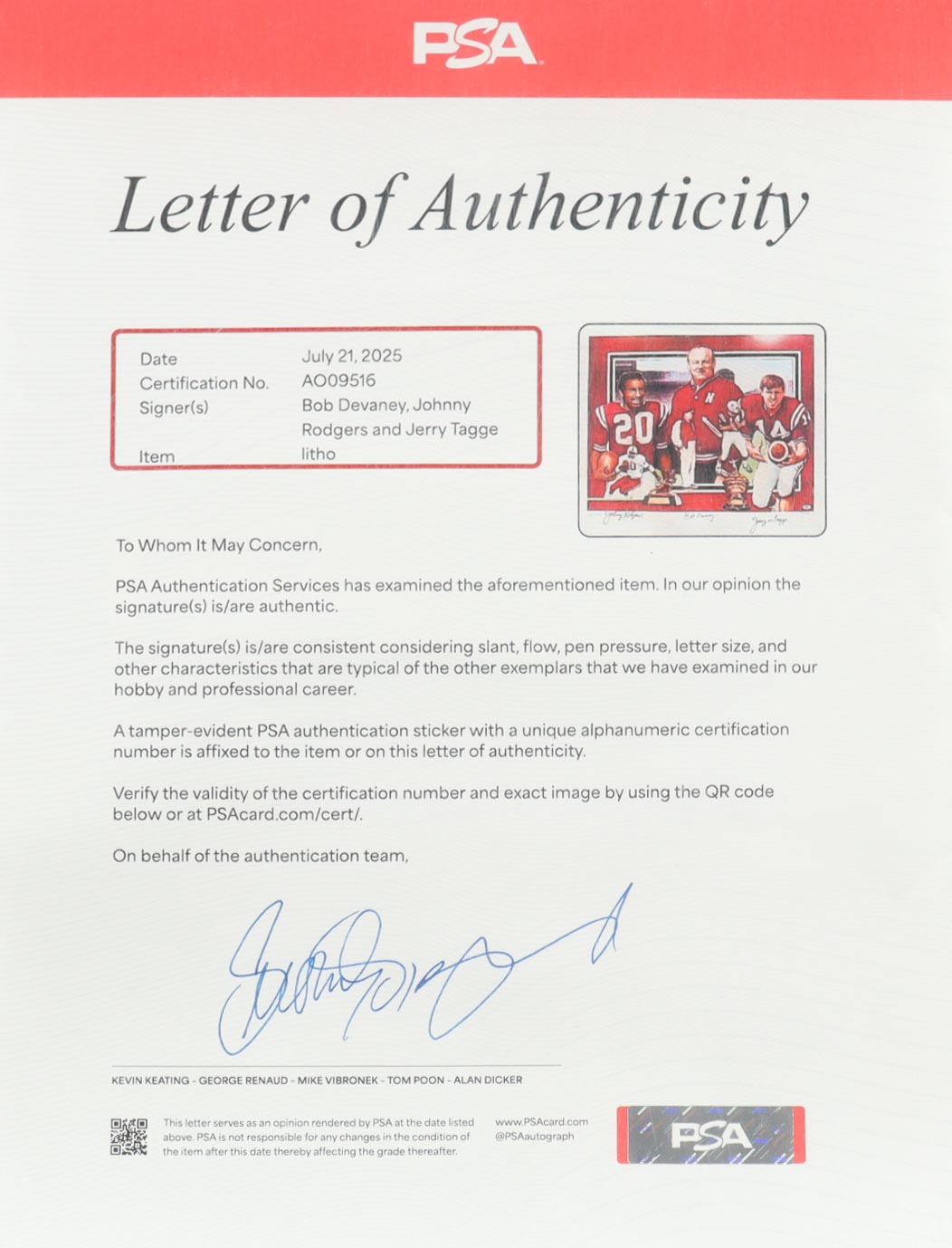 LE Nebraska Cornhuskers Lithograph Signed By (3) Bob Devaney, Johnny Rodgers, & Jerry Tagge (PSA) at PristineAuction.com LE Nebraska Cornhuskers Lithograph Signed By (3) Bob Devaney, Johnny Rodgers, & Jerry Tagge (PSA) at PristineAuction.com