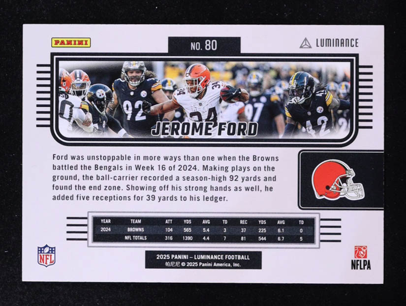 Jerome Ford 2025 Panini Luminance Gold #80 #2/299 at PristineAuction.com Jerome Ford 2025 Panini Luminance Gold #80 #2/299 at PristineAuction.com