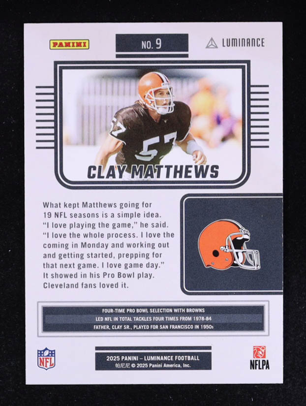 Clay Matthews 2025 Panini Luminance Blue #9 #93/199 at PristineAuction.com Clay Matthews 2025 Panini Luminance Blue #9 #93/199 at PristineAuction.com