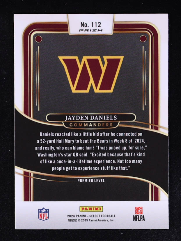 Jayden Daniels 2024 Select Prizm Black and Red Shock #112 RC at PristineAuction.com Jayden Daniels 2024 Select Prizm Black and Red Shock #112 RC at PristineAuction.com