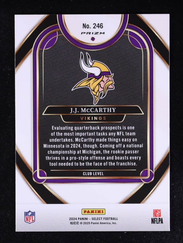 JJ McCarthy 2024 Select Prizm Black and Gold Shock #246 RC at PristineAuction.com JJ McCarthy 2024 Select Prizm Black and Gold Shock #246 RC at PristineAuction.com