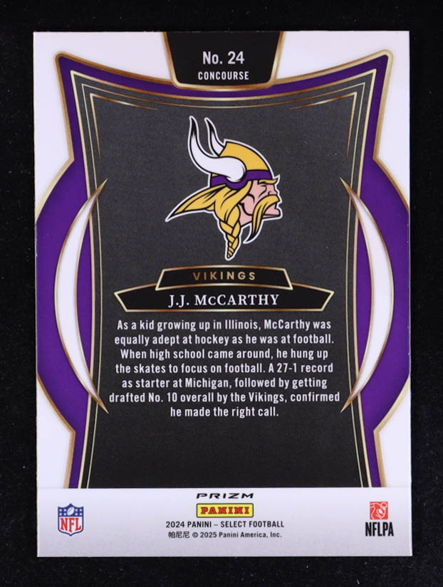 JJ McCarthy 2024 Select Prizm Black and Green Shock #24 RC at PristineAuction.com JJ McCarthy 2024 Select Prizm Black and Green Shock #24 RC at PristineAuction.com