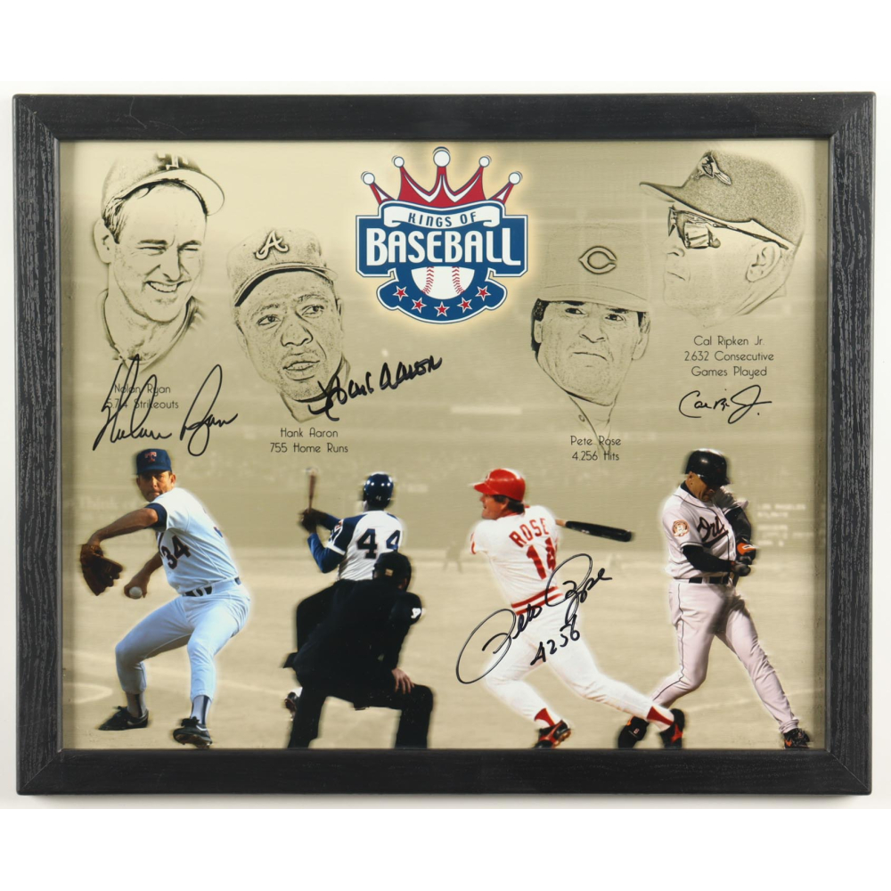 Kings of Baseball Custom Framed Photo Display Signed by (4) with Nolan Ryan, Hank Aaron, Pete Rose, Cal Ripken Jr. Inscribed "4256" (JSA) at PristineAuction.com