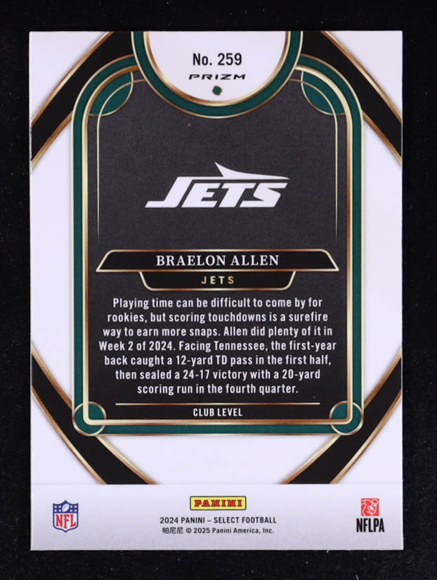 Braelon Allen 2024 Select Prizm Black and Red Shock #259 RC at PristineAuction.com Braelon Allen 2024 Select Prizm Black and Red Shock #259 RC at PristineAuction.com
