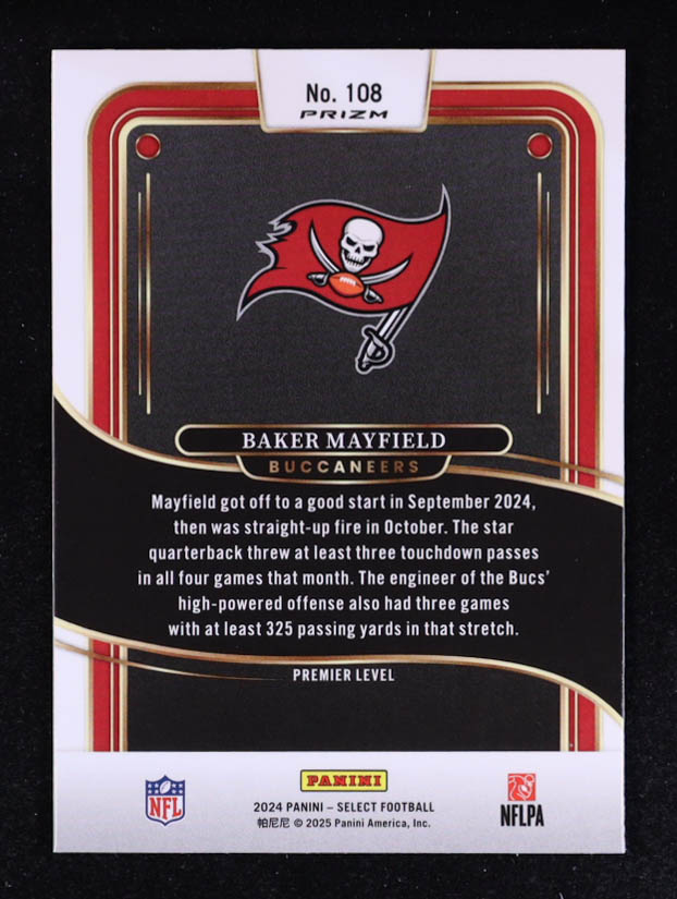 Baker Mayfield 2024 Select Prizm Black and Red Shock #108 at PristineAuction.com Baker Mayfield 2024 Select Prizm Black and Red Shock #108 at PristineAuction.com