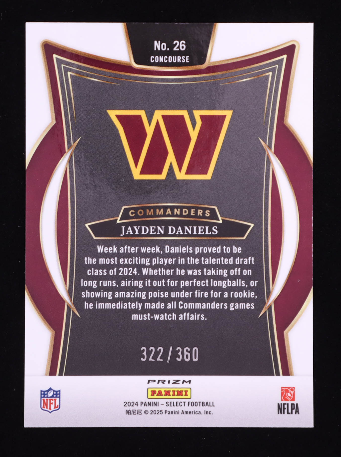 Jayden Daniels 2024 Select Prizm Purple Shock #26 RC #322/360 at PristineAuction.com Jayden Daniels 2024 Select Prizm Purple Shock #26 RC #322/360 at PristineAuction.com