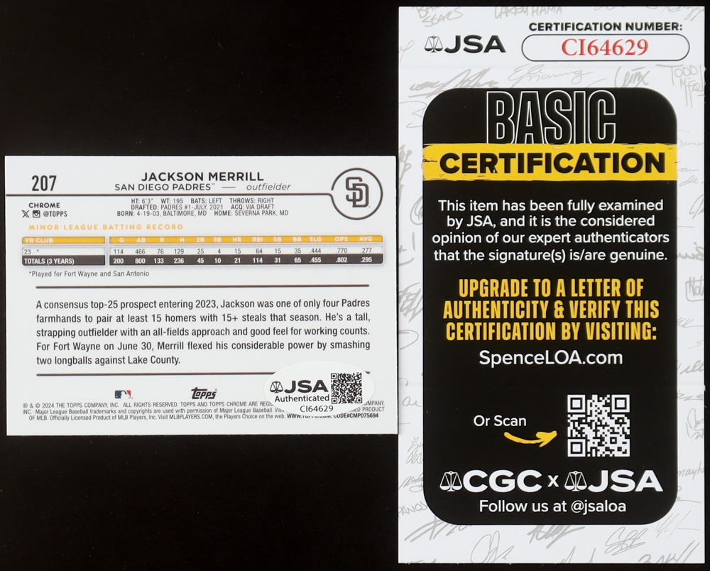 Jackson Merrill Signed 2024 Topps Chrome #207 RC (JSA) at PristineAuction.com Jackson Merrill Signed 2024 Topps Chrome #207 RC (JSA) at PristineAuction.com