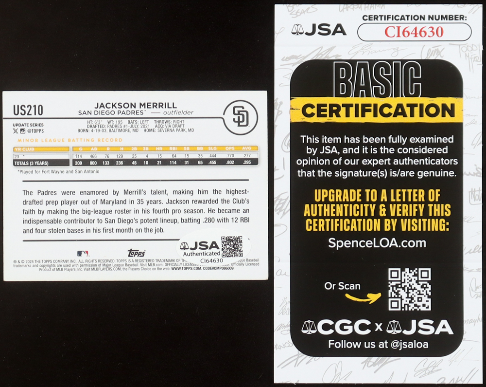 Jackson Merrill Signed 2024 Topps Chrome Update #US210 RC (JSA) at PristineAuction.com Jackson Merrill Signed 2024 Topps Chrome Update #US210 RC (JSA) at PristineAuction.com