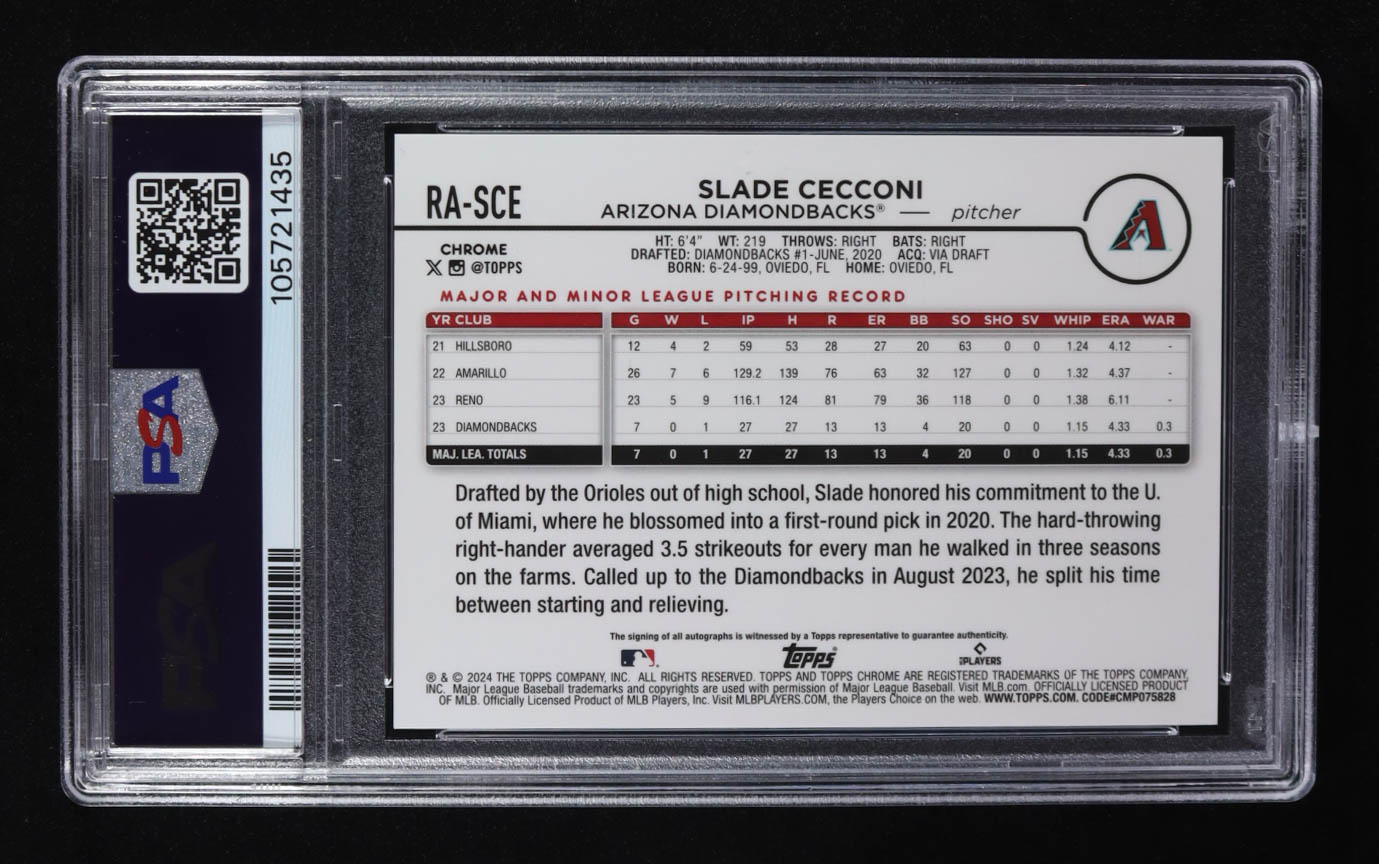 Slade Cecconi 2024 Topps Chrome Rookie Autographs Orange Wave Refractors #RASCE RC #17/25 (PSA 10) at PristineAuction.com Slade Cecconi 2024 Topps Chrome Rookie Autographs Orange Wave Refractors #RASCE RC #17/25 (PSA 10) at PristineAuction.com