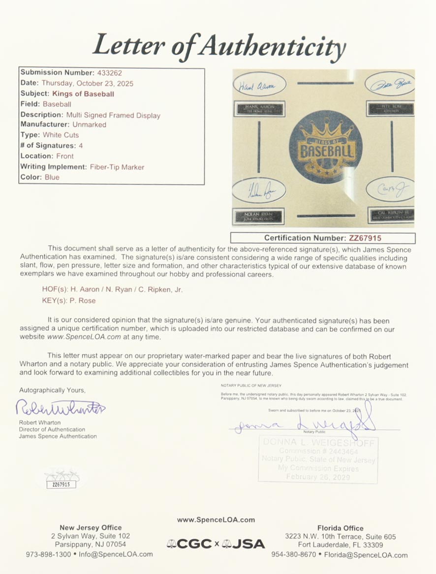 Kings of Baseball Custom Framed Cut Display Signed by (4) with Nolan Ryan, Hank Aaron, Pete Rose, Cal Ripken Jr. (JSA) at PristineAuction.com Kings of Baseball Custom Framed Cut Display Signed by (4) with Nolan Ryan, Hank Aaron, Pete Rose, Cal Ripken Jr. (JSA) at PristineAuction.com