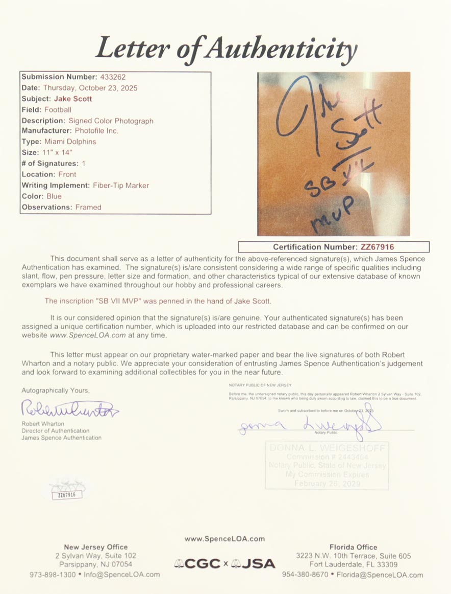 Jake Scott Signed Custom Framed Photo Display Inscribed "SB VII MVP" (JSA) at PristineAuction.com Jake Scott Signed Custom Framed Photo Display Inscribed "SB VII MVP" (JSA) at PristineAuction.com