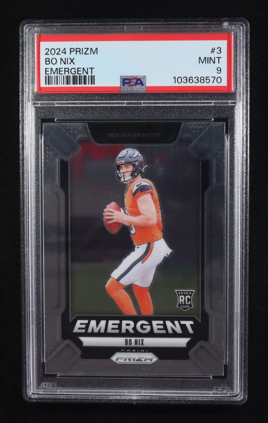 Bo Nix 2024 Panini Prizm Emergent #3 RC (PSA 9) at PristineAuction.com Bo Nix 2024 Panini Prizm Emergent #3 RC (PSA 9) at PristineAuction.com