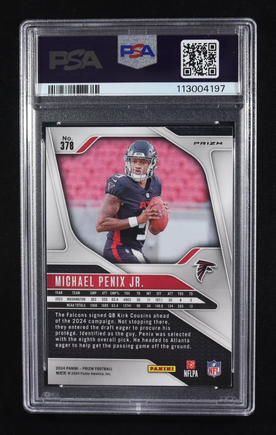 Michael Penix Jr. 2024 Panini Prizm Prizms Red White and Blue #378 RC (PSA 9) at PristineAuction.com Michael Penix Jr. 2024 Panini Prizm Prizms Red White and Blue #378 RC (PSA 9) at PristineAuction.com