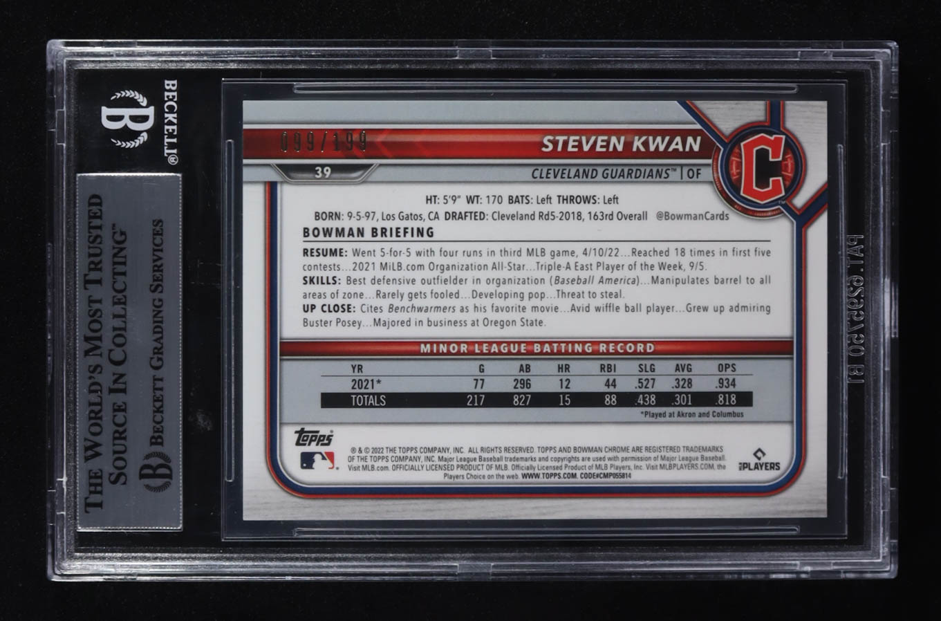 Steven Kwan 2022 Bowman Chrome Black and White Mini-Diamond Refractors #39 RC #099/199 (BGS 9) at PristineAuction.com Steven Kwan 2022 Bowman Chrome Black and White Mini-Diamond Refractors #39 RC #099/199 (BGS 9) at PristineAuction.com