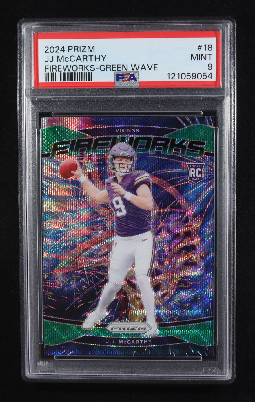 JJ McCarthy 2024 Panini Prizm Fireworks Prizms Green Wave #18 RC (PSA 9) at PristineAuction.com JJ McCarthy 2024 Panini Prizm Fireworks Prizms Green Wave #18 RC (PSA 9) at PristineAuction.com