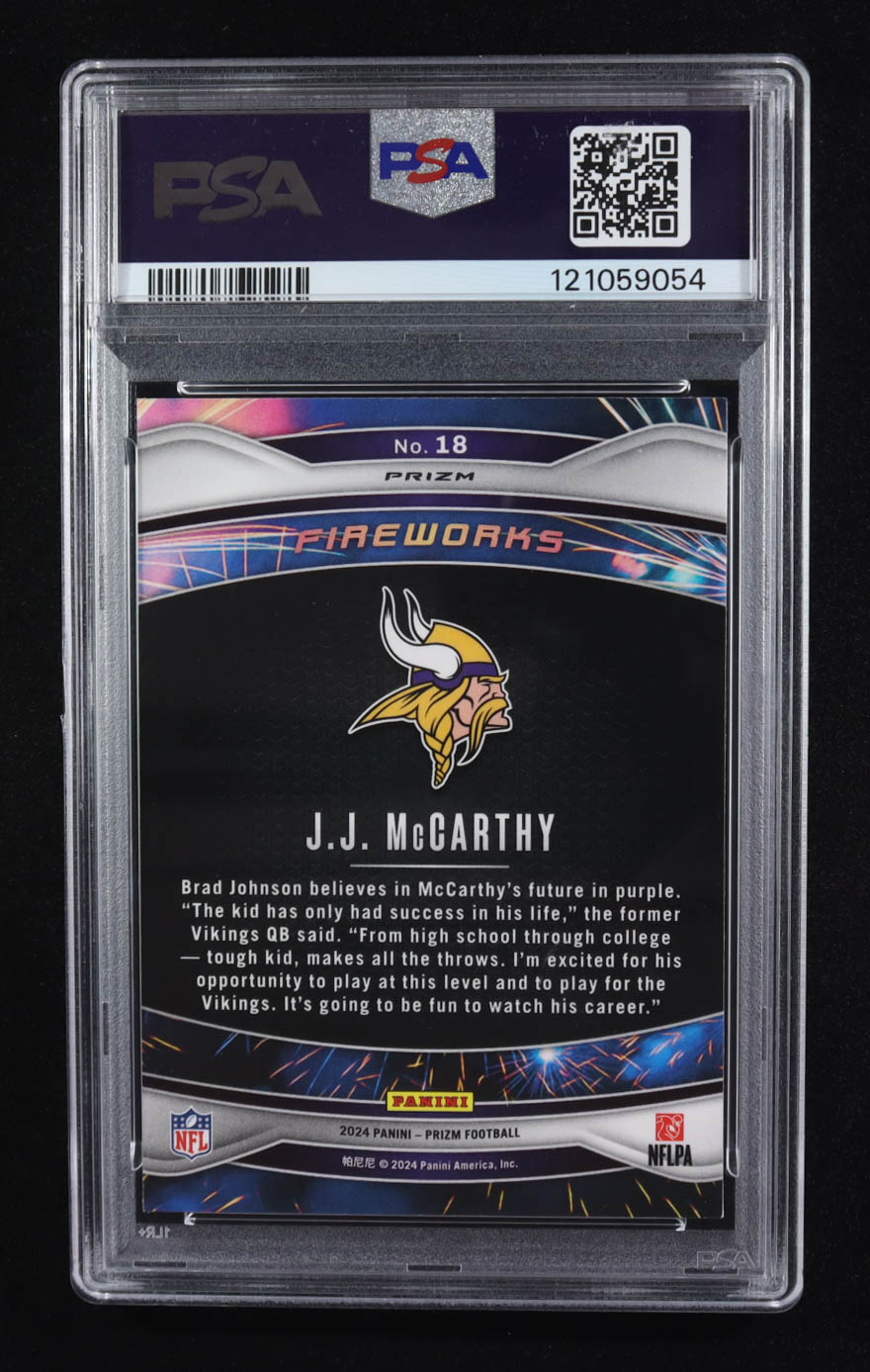 JJ McCarthy 2024 Panini Prizm Fireworks Prizms Green Wave #18 RC (PSA 9) at PristineAuction.com JJ McCarthy 2024 Panini Prizm Fireworks Prizms Green Wave #18 RC (PSA 9) at PristineAuction.com