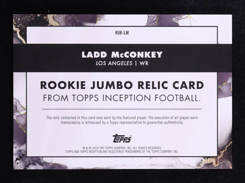 Ladd McConkey 2024 Topps Inception Rookie Jumbo Relics #RJRLM #59/150 RC at PristineAuction.com Ladd McConkey 2024 Topps Inception Rookie Jumbo Relics #RJRLM #59/150 RC at PristineAuction.com