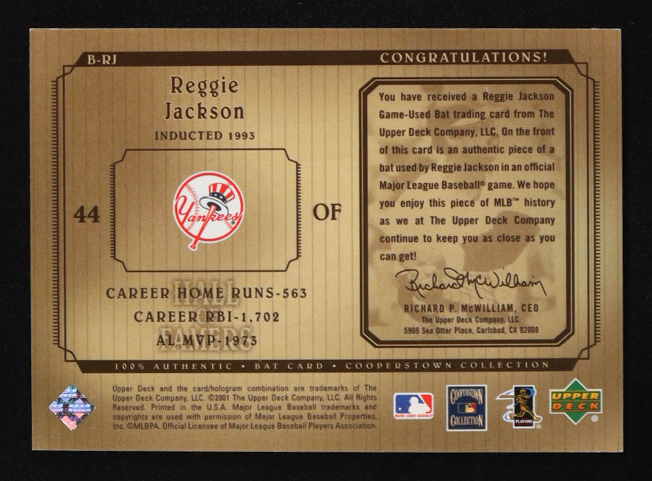 Reggie Jackson 2001 Upper Deck Hall of Famers Game Bat DP #BRJ at PristineAuction.com Reggie Jackson 2001 Upper Deck Hall of Famers Game Bat DP #BRJ at PristineAuction.com