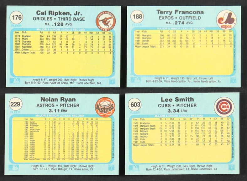 1982 Fleer Baseball Complete Set of (660) Cards with Cal Ripken #176 RC, Lee Smith #603, Nolan Ryan #229, Terry Francona #188 at PristineAuction.com 1982 Fleer Baseball Complete Set of (660) Cards with Cal Ripken #176 RC, Lee Smith #603, Nolan Ryan #229, Terry Francona #188 at PristineAuction.com