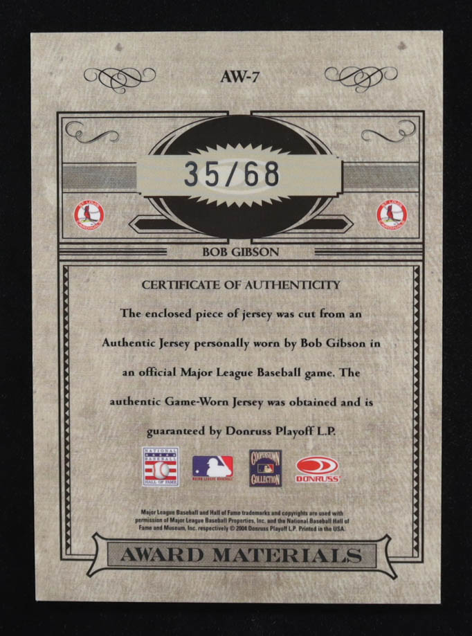 Bob Gibson 2004 Timeless Treasures Award Materials 68 CY JSY #7 #35/68 at PristineAuction.com Bob Gibson 2004 Timeless Treasures Award Materials 68 CY JSY #7 #35/68 at PristineAuction.com