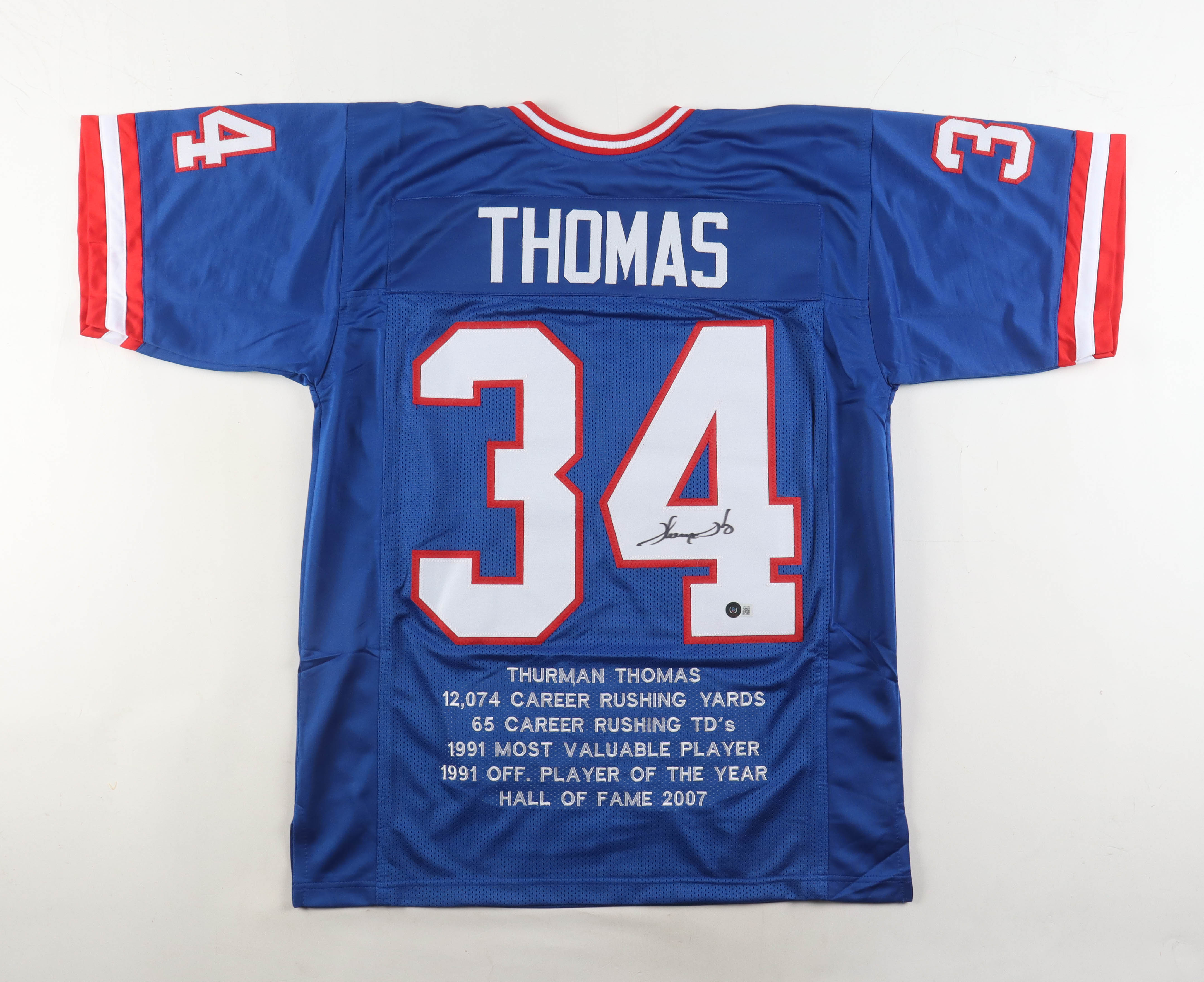 Thurman Thomas Signed Career Highlight Stat Jersey (Beckett) at PristineAuction.com Thurman Thomas Signed Career Highlight Stat Jersey (Beckett) at PristineAuction.com