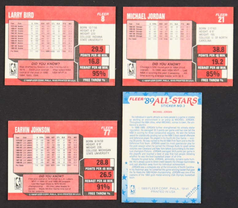 1989-90 Fleer & Fleer Stickers Basketball Complete Sets of (179) Cards with Michael Jordan #21, Michael Jordan #3, Larry Bird #8, Magic Johnson #77 at PristineAuction.com 1989-90 Fleer & Fleer Stickers Basketball Complete Sets of (179) Cards with Michael Jordan #21, Michael Jordan #3, Larry Bird #8, Magic Johnson #77 at PristineAuction.com
