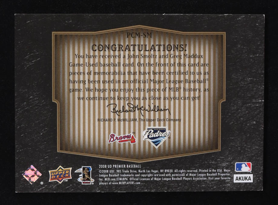 John Smoltz / Greg Maddux 2008 Upper Deck Premier Combos Memorablia Gold #SM #17/25 at PristineAuction.com John Smoltz / Greg Maddux 2008 Upper Deck Premier Combos Memorablia Gold #SM #17/25 at PristineAuction.com