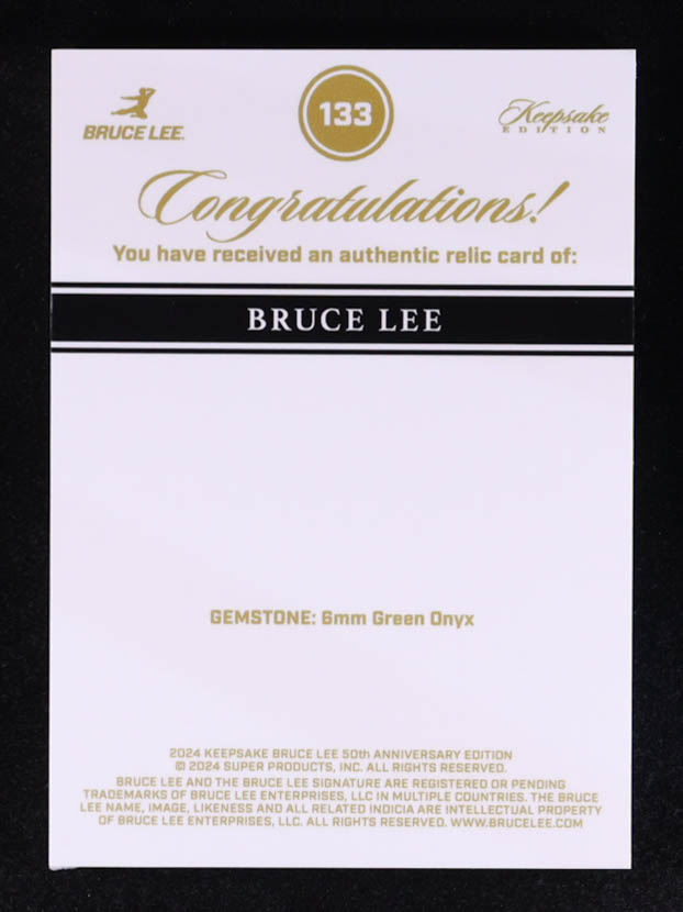 Bruce Lee 2024 Keepsake Edition Bruce Dragon Gem Relic #133 Green Onyx #24/50 at PristineAuction.com Bruce Lee 2024 Keepsake Edition Bruce Dragon Gem Relic #133 Green Onyx #24/50 at PristineAuction.com