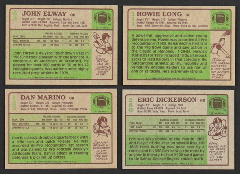 1984 Topps Football Complete Set of (396) Cards with John Elway #63 RC, Dan Marino PB #123 RC, Howie Long PB #111 RC, Dan Marino IR #124 at PristineAuction.com 1984 Topps Football Complete Set of (396) Cards with John Elway #63 RC, Dan Marino PB #123 RC, Howie Long PB #111 RC, Dan Marino IR #124 at PristineAuction.com
