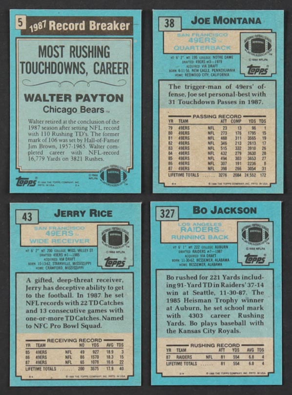 1988 Topps Football Complete Set of (396) Cards with Bo Jackson #327 SR RC, Walter Payton #5, Joe Montana #38, Jerry Rice #43 at PristineAuction.com 1988 Topps Football Complete Set of (396) Cards with Bo Jackson #327 SR RC, Walter Payton #5, Joe Montana #38, Jerry Rice #43 at PristineAuction.com