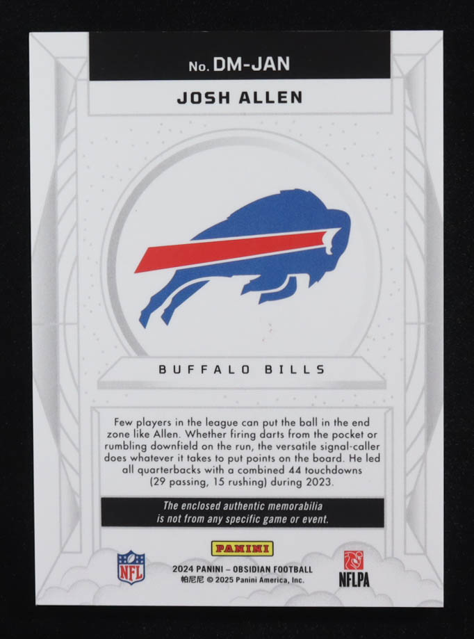 Josh Allen 2024 Panini Obsidian Dusk Memorabilia #12 at PristineAuction.com Josh Allen 2024 Panini Obsidian Dusk Memorabilia #12 at PristineAuction.com