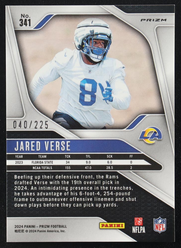Jared Verse 2024 Panini Prizm Purple Ice #341 RC #40/225 at PristineAuction.com Jared Verse 2024 Panini Prizm Purple Ice #341 RC #40/225 at PristineAuction.com