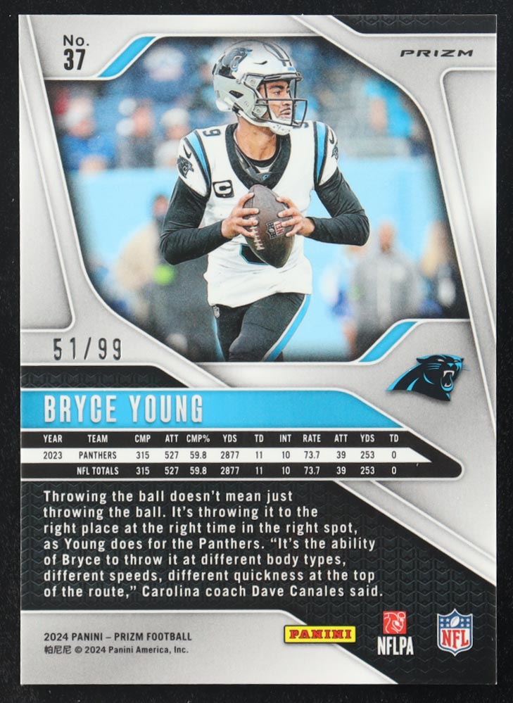 Bryce Young 2024 Panini Prizm Prizms No Huddle Blue #37 RC #51/99 at PristineAuction.com Bryce Young 2024 Panini Prizm Prizms No Huddle Blue #37 RC #51/99 at PristineAuction.com