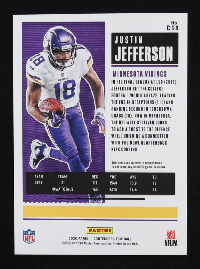 Justin Jefferson 2020 Panini Contenders Rookie Ticket Dual Swatches #8 RC at PristineAuction.com Justin Jefferson 2020 Panini Contenders Rookie Ticket Dual Swatches #8 RC at PristineAuction.com
