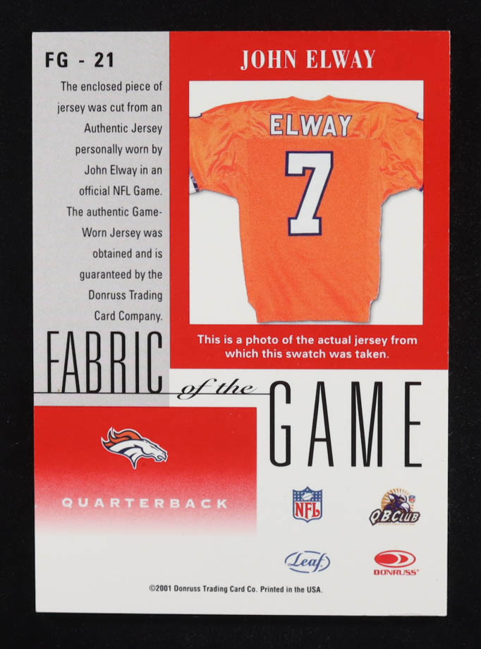 John Elway 2001 Leaf Certified Materials Fabric of the Game #FG21 at PristineAuction.com John Elway 2001 Leaf Certified Materials Fabric of the Game #FG21 at PristineAuction.com