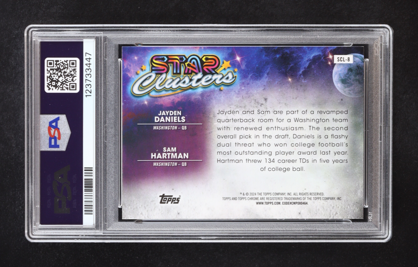 Jayden Daniels / Sam Hartman 2024 Topps Chrome Cosmic Star Clusters #SCL-8 RC (PSA 10) at PristineAuction.com Jayden Daniels / Sam Hartman 2024 Topps Chrome Cosmic Star Clusters #SCL-8 RC (PSA 10) at PristineAuction.com