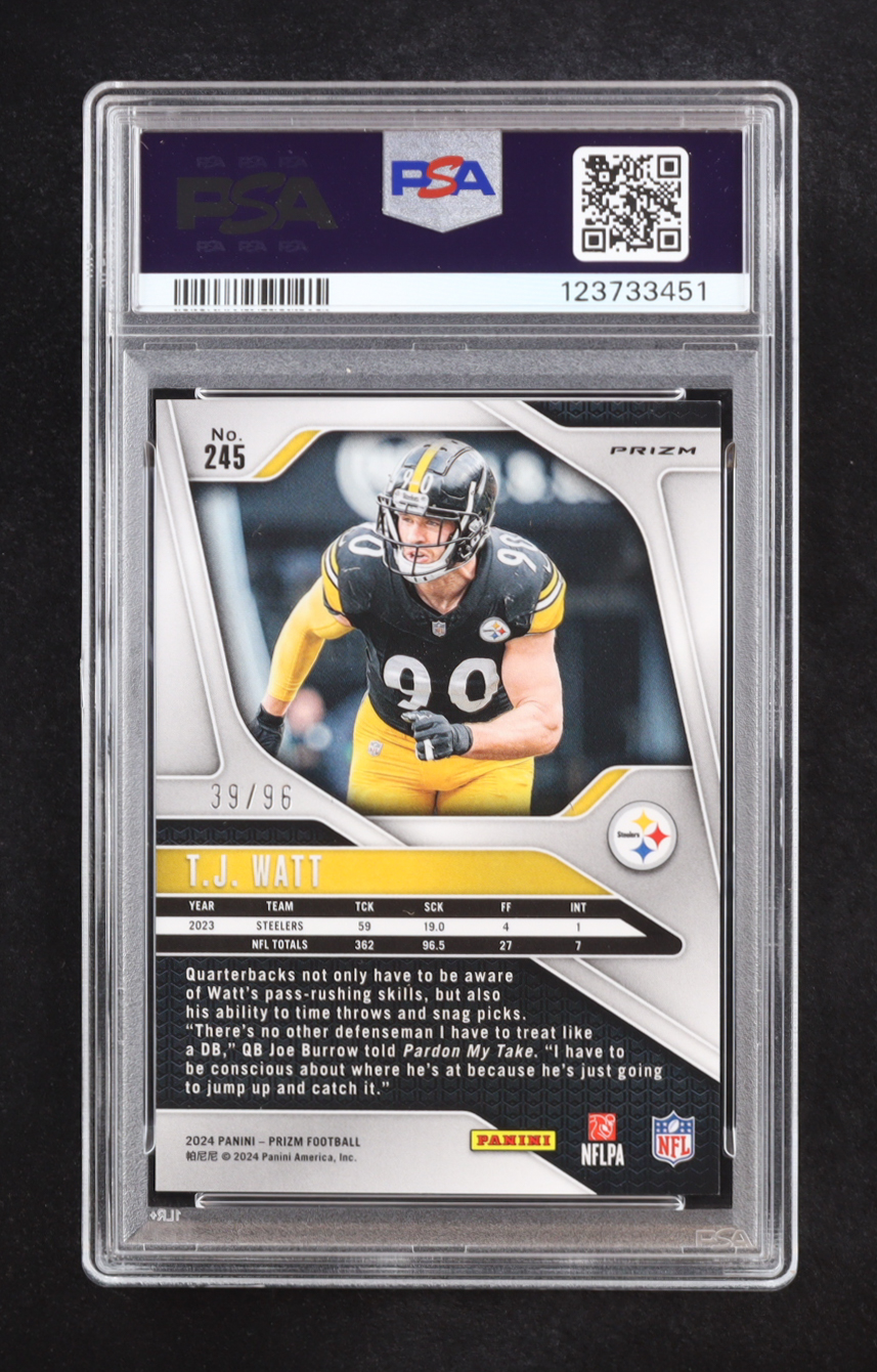 T.J. Watt 2024 Panini Prizm Blue Sparkle #245 #39/96 (PSA 9) at PristineAuction.com T.J. Watt 2024 Panini Prizm Blue Sparkle #245 #39/96 (PSA 9) at PristineAuction.com